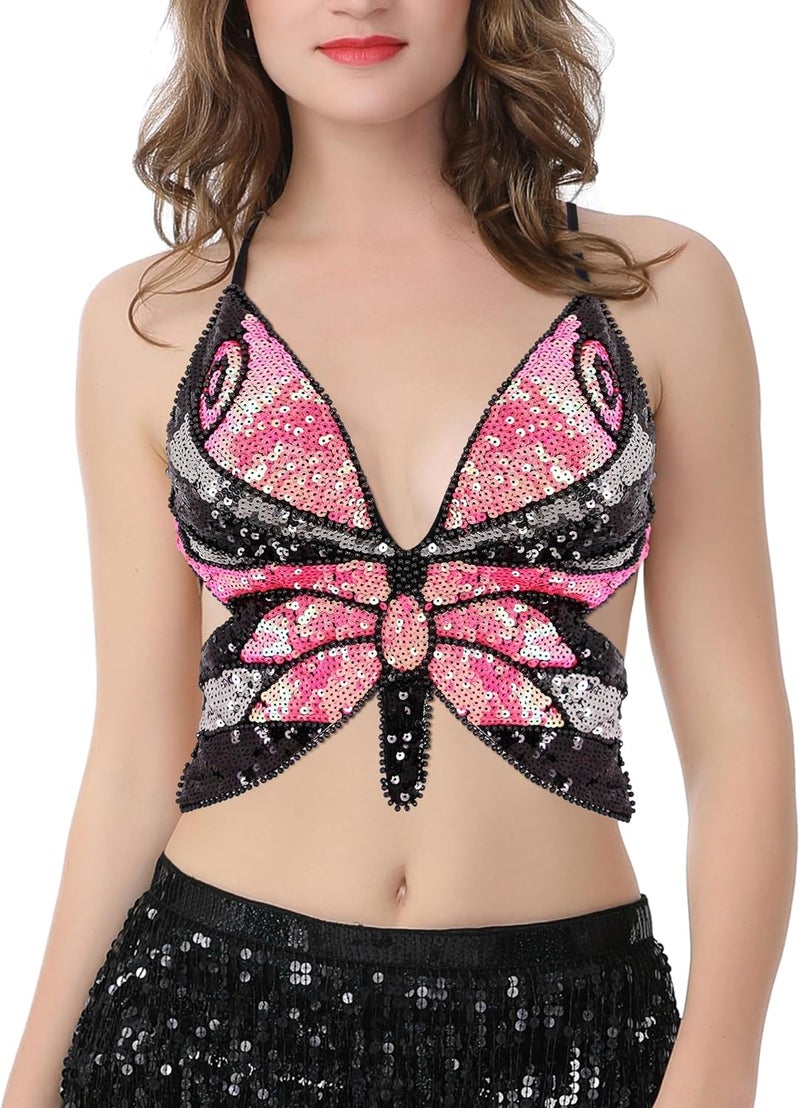 Mocure Womens Glitter Sequin Butterfly Crop Top Low-Cut Tank Top Rave Tube Vest Top for Belly Dance Costume Outfits - Image 2